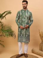 Men Green Viscose Rayon Batik Embroidered Straight Kurta With Pant Set-MKSET1500