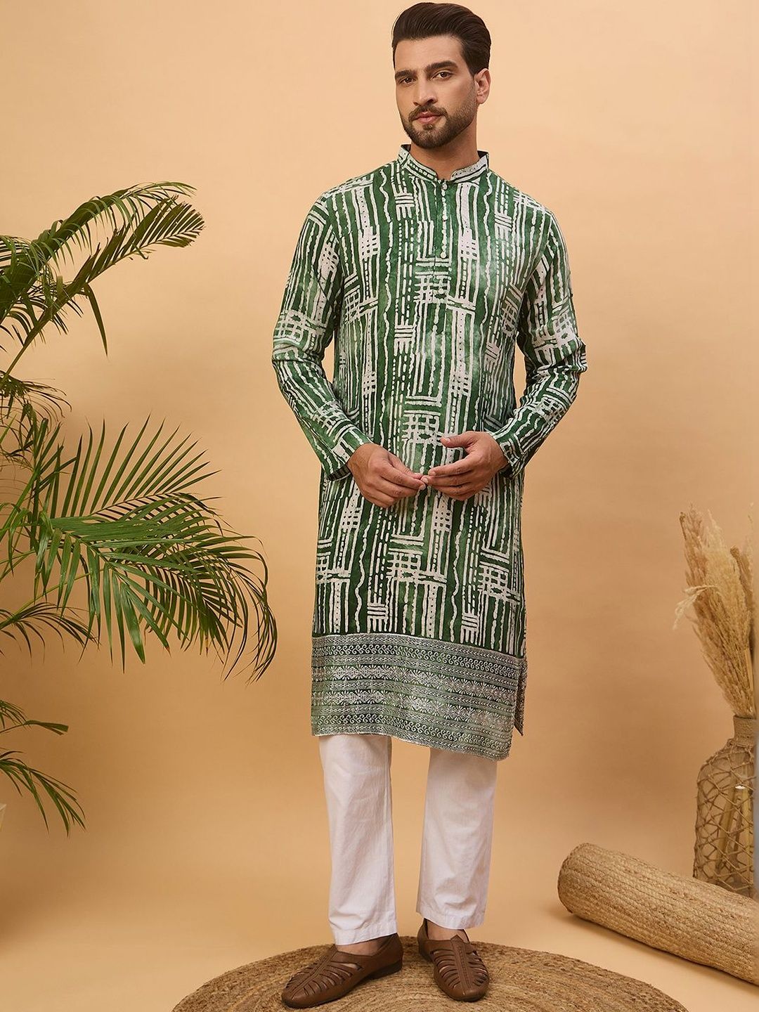 Men Green Viscose Rayon Batik Embroidered Straight Kurta With Pant Set-MKSET1500