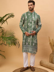 Men Green Viscose Rayon Batik Embroidered Straight Kurta With Pant Set-MKSET1500