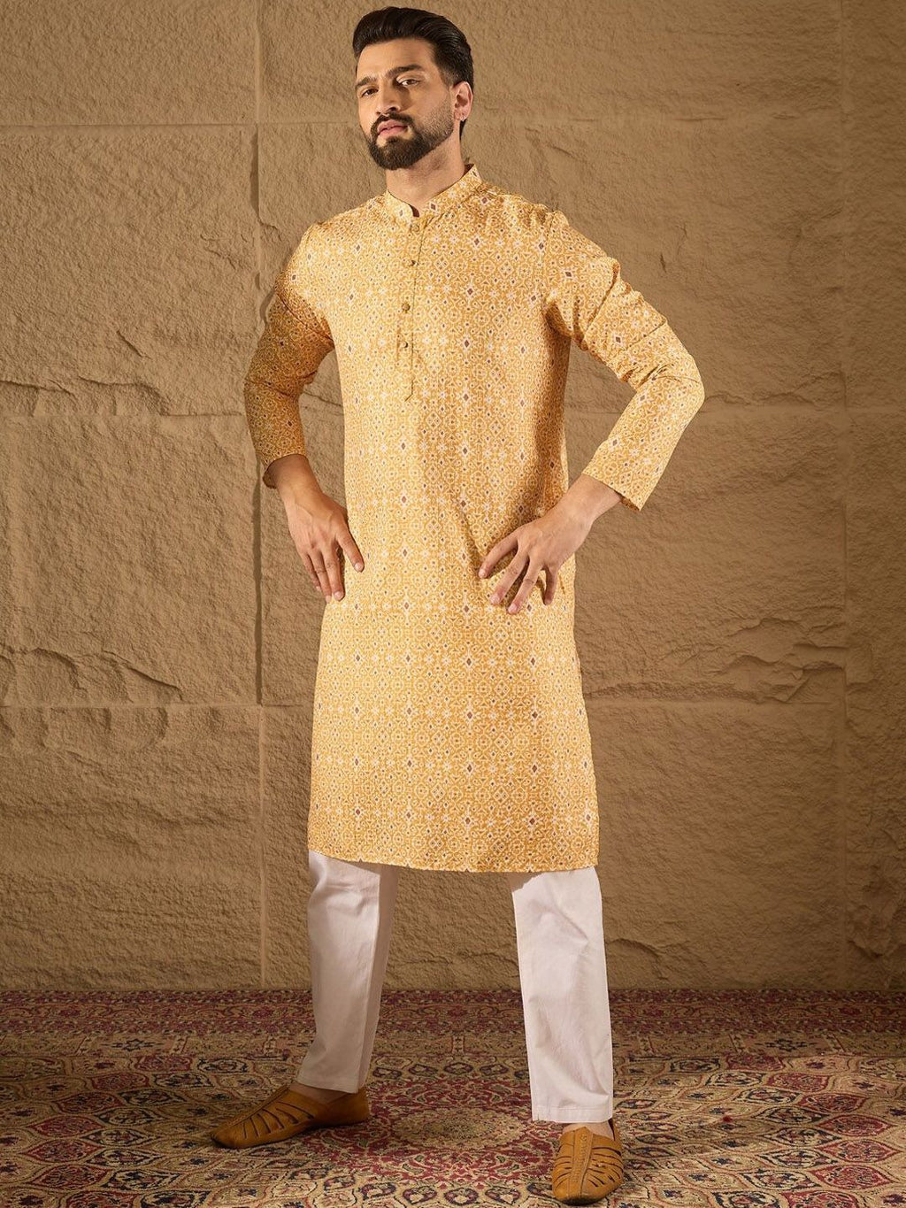Men Yellow Silk Blend Ethnic Motif Embroidered Straight Kurta With Pant Set-MKSET1304