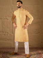 Men Yellow Silk Blend Ethnic Motif Embroidered Straight Kurta With Pant Set-MKSET1304