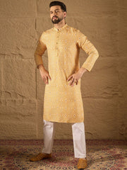 Men Yellow Silk Blend Ethnic Motif Embroidered Straight Kurta With Pant Set-MKSET1304