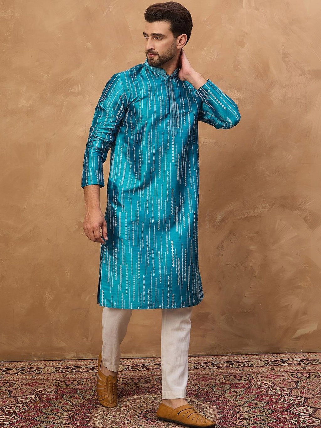 Men Blue Silk Blend Geometric Printed Straight Kurta With Pant Set-MKSET1519