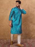 Men Blue Silk Blend Geometric Printed Straight Kurta With Pant Set-MKSET1519