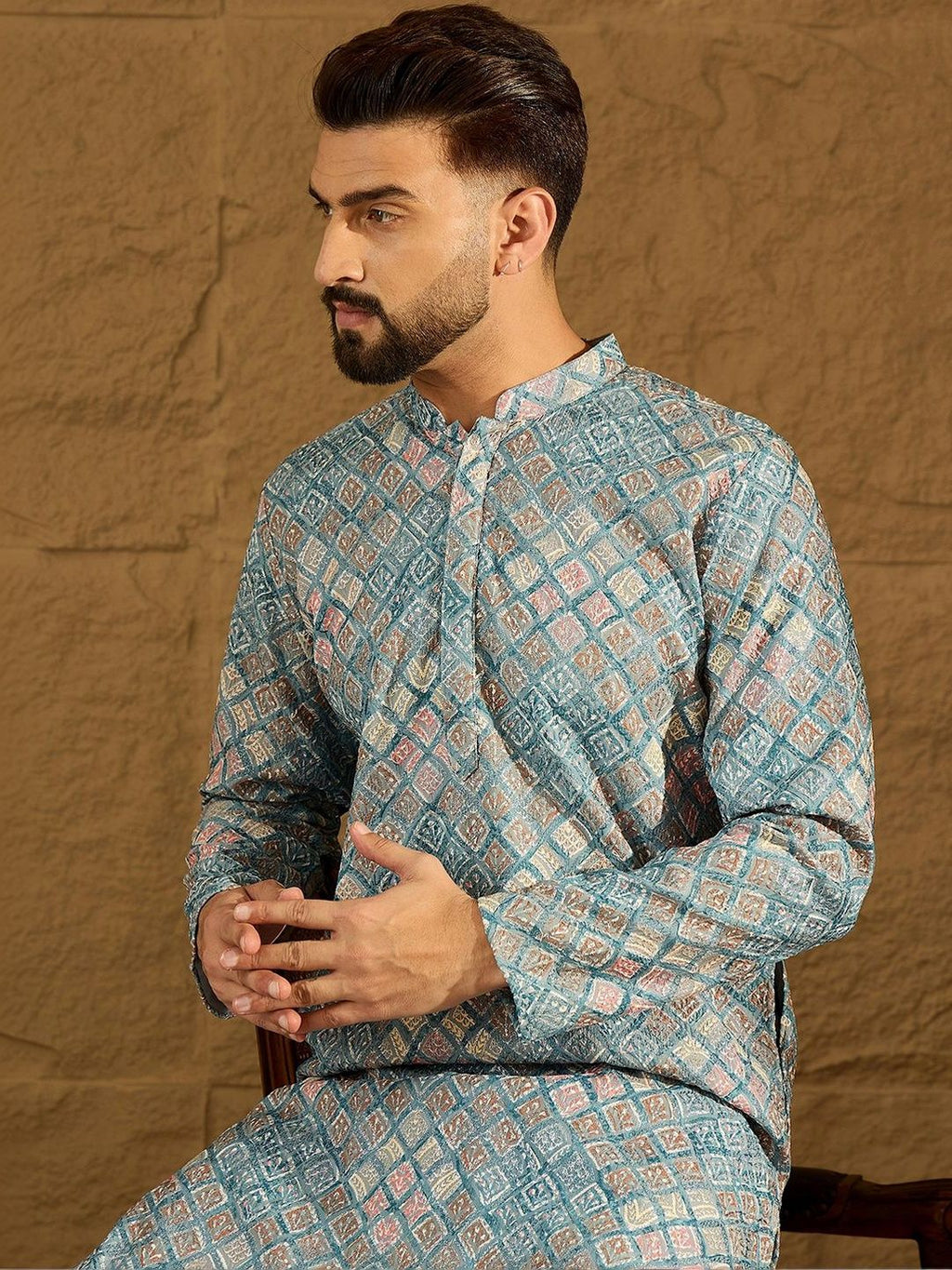 Men Blue Viscose Rayon Solid Embroidered Straight Kurta With Pant Set-MKSET1391