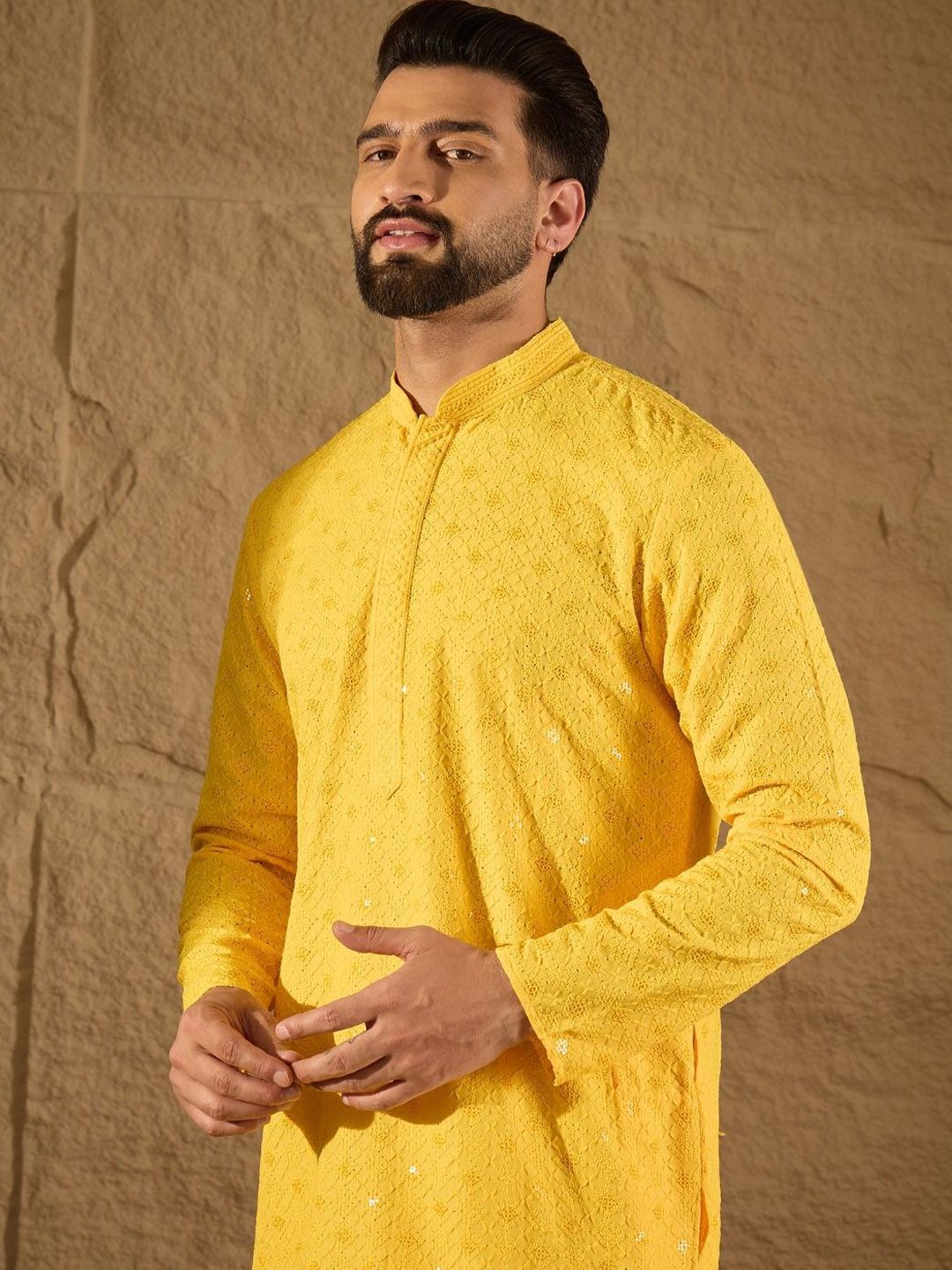 Men Yellow Viscose Rayon Solid Embroidered Straight Kurta With Pant Set-MKSET1212