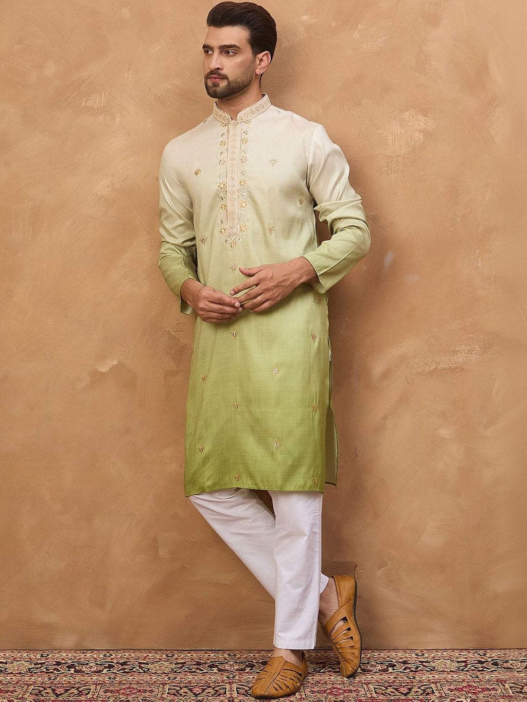 Men Green Silk Blend Solid Embroidered Straight Kurta With Pant Set-MKSET1488