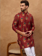 Men Red Viscose Rayon Ethnic Motifs Printed Straight Kurta With Pant Set-MKSET1544