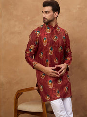Men Red Viscose Rayon Ethnic Motifs Printed Straight Kurta With Pant Set-MKSET1544