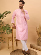 Men Pink Silk Blend Solid Embroidered Straight Kurta With Pant Set-MKSET1454