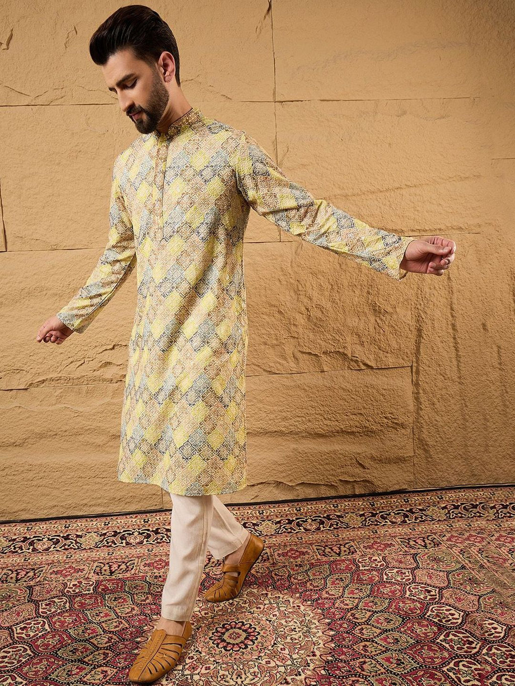 Men Yellow Viscose Rayon Bandhani Embroidered Straight Kurta With Pant Set-MKSET1192