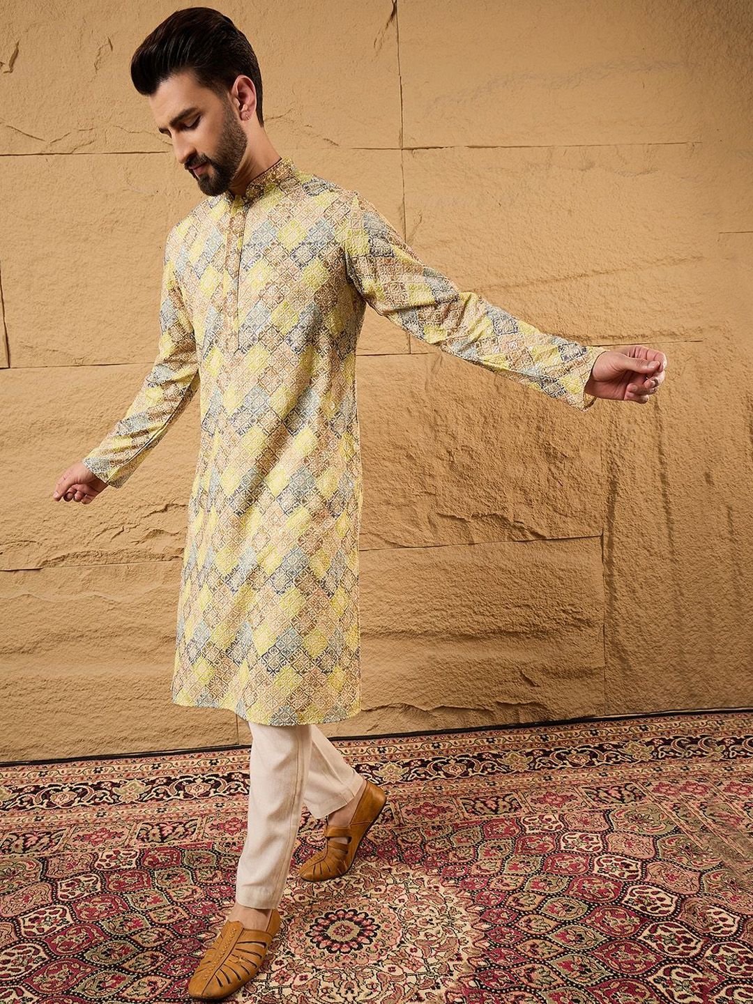 Men Yellow Viscose Rayon Bandhani Embroidered Straight Kurta With Pant Set-MKSET1192