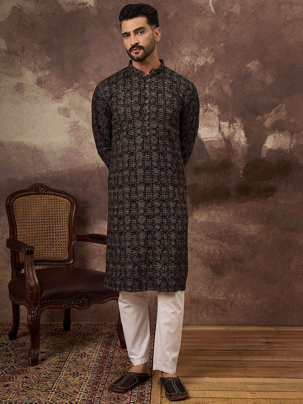 Men Black Viscose Rayon Ethnic Motifs Embroidered Straight Kurta With Pant Set-MKSET1405