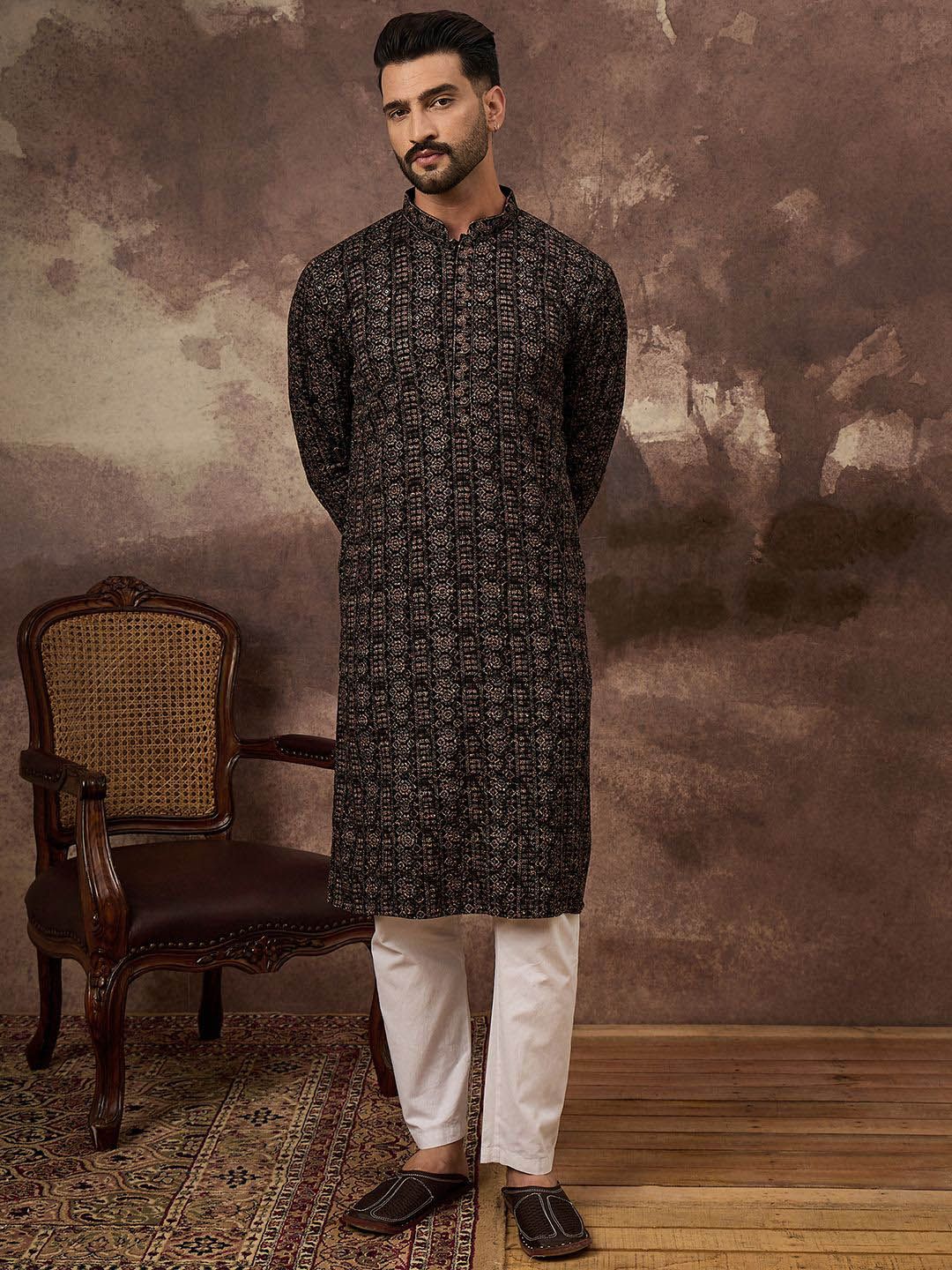 Men Black Viscose Rayon Ethnic Motifs Embroidered Straight Kurta With Pant Set-MKSET1405
