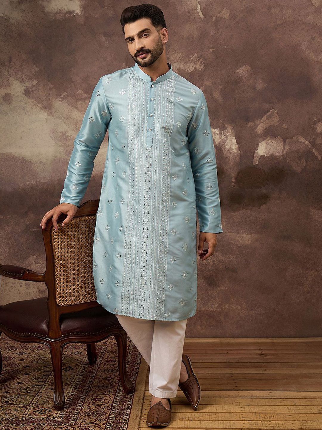 Men Blue Silk Blend Solid Embroidered Straight Kurta With Pant Set-MKSET1365