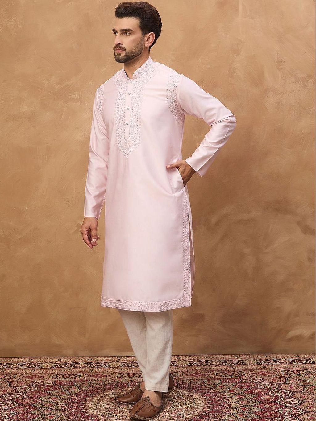 Men Pink Silk Blend Solid Embroidered Straight Kurta With Pant Set-MKSET1512