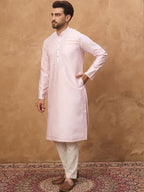 Men Pink Silk Blend Solid Embroidered Straight Kurta With Pant Set-MKSET1512