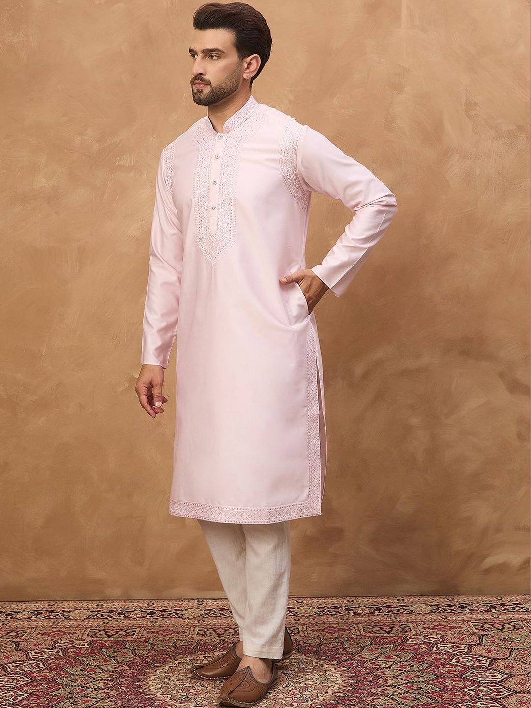 Men Pink Silk Blend Solid Embroidered Straight Kurta With Pant Set-MKSET1512