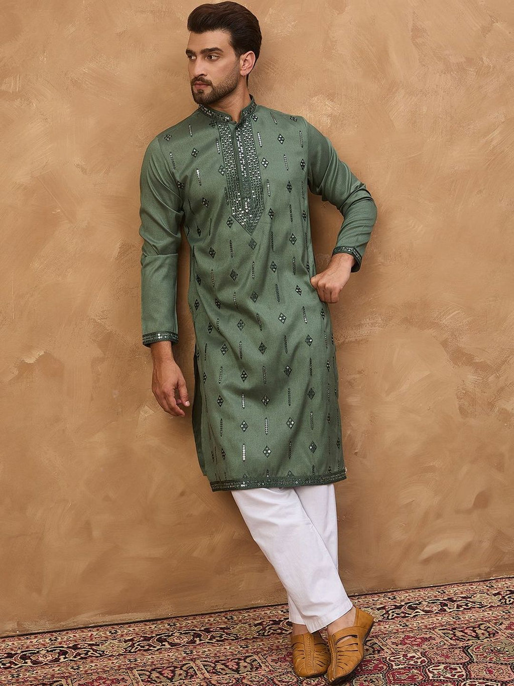 Men Green Silk Blend Geometric Embroidered Straight Kurta With Pant Set-MKSET1517