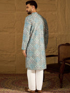 Men Blue Viscose Rayon Solid Embroidered Straight Kurta With Pant Set-MKSET1391