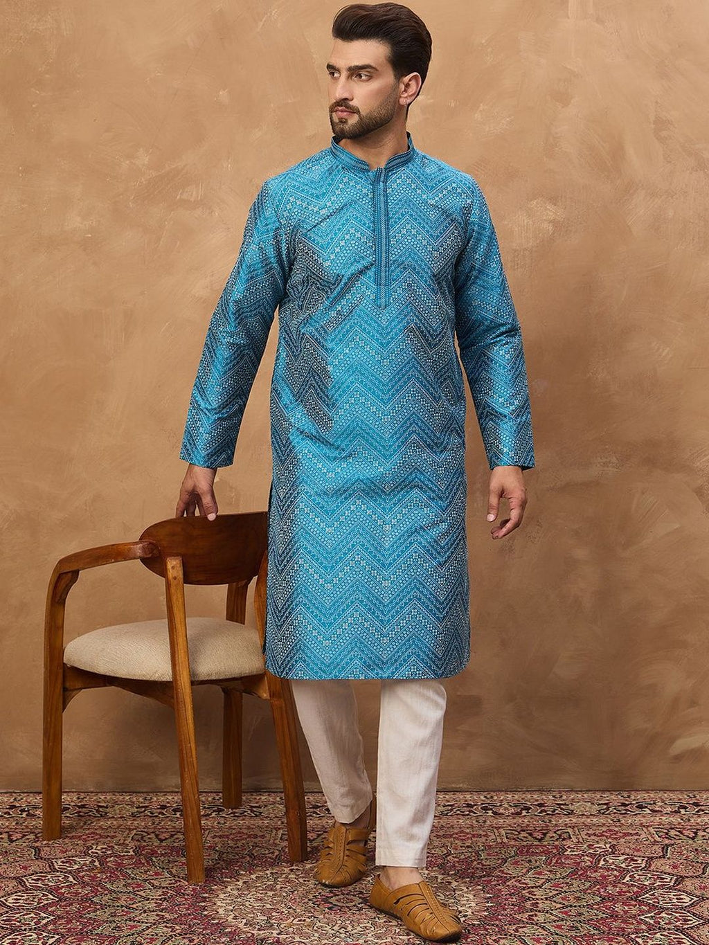 Men Blue Silk Blend Geometric Printed Straight Kurta With Pant Set-MKSET1531