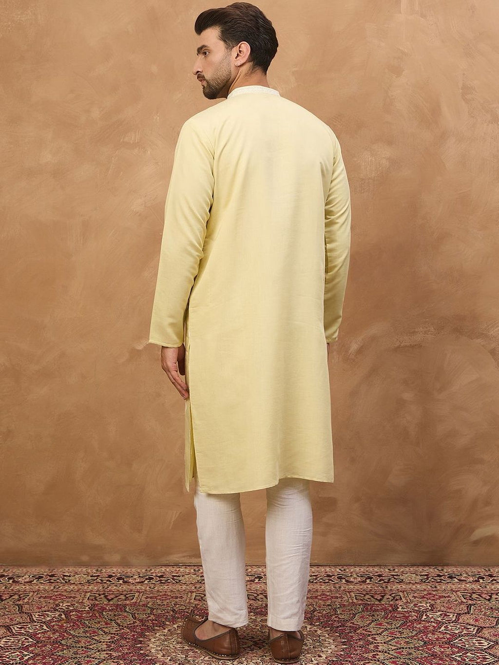 Men Yellow Silk Blend Solid Embroidered Straight Kurta With Pant Set-MKSET1509