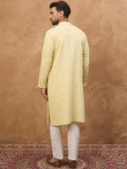 Men Yellow Silk Blend Solid Embroidered Straight Kurta With Pant Set-MKSET1509