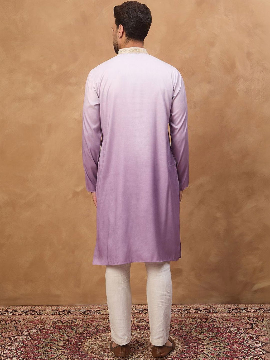 Men Purple Silk Blend Solid Embroidered Straight Kurta With Pant Set-MKSET1487
