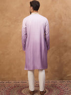 Men Purple Silk Blend Solid Embroidered Straight Kurta With Pant Set-MKSET1487