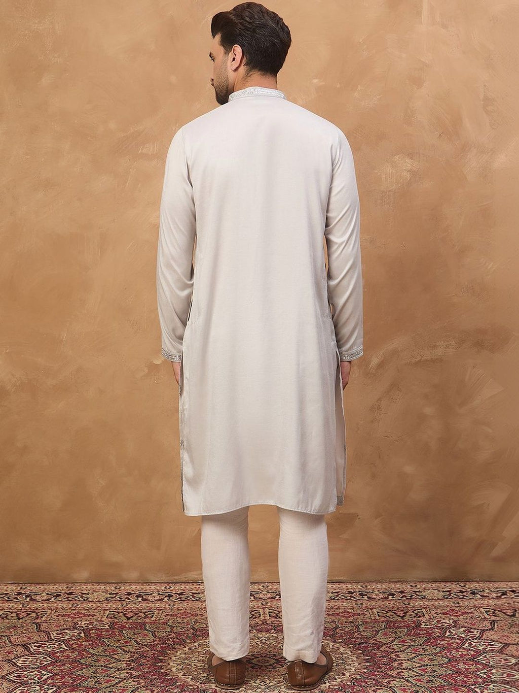 Men Grey Silk Blend Solid Embroidered Straight Kurta With Pant Set-MKSET1438
