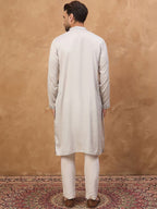 Men Grey Silk Blend Solid Embroidered Straight Kurta With Pant Set-MKSET1438