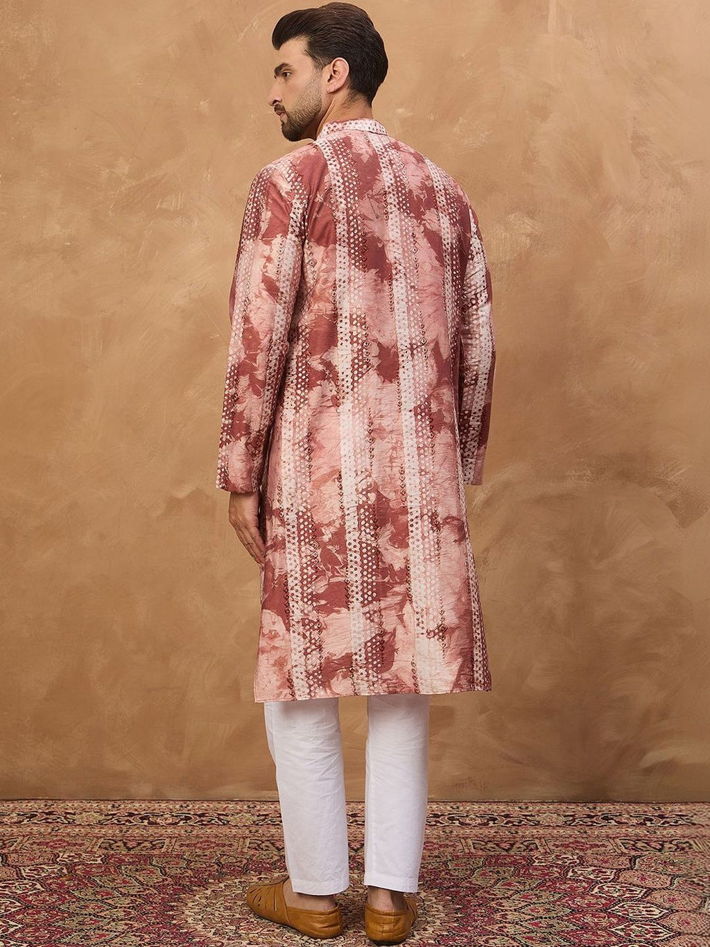 Men Brown Silk Blend Shibori Embroidered Straight Kurta With Pant Set-MKSET1539
