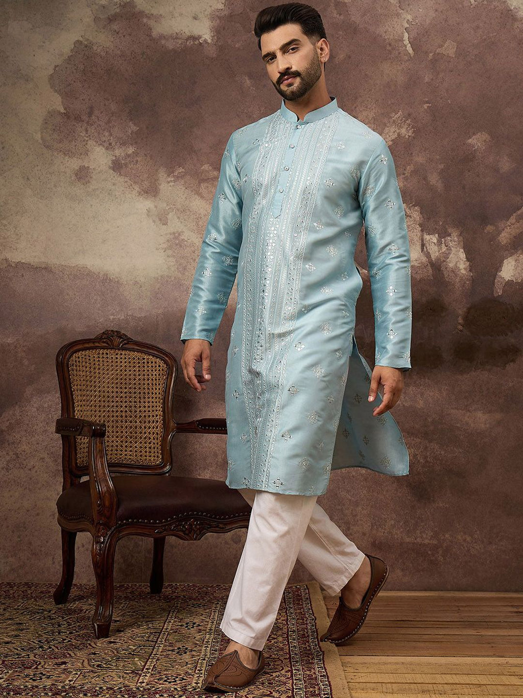 Men Blue Silk Blend Solid Embroidered Straight Kurta With Pant Set-MKSET1365
