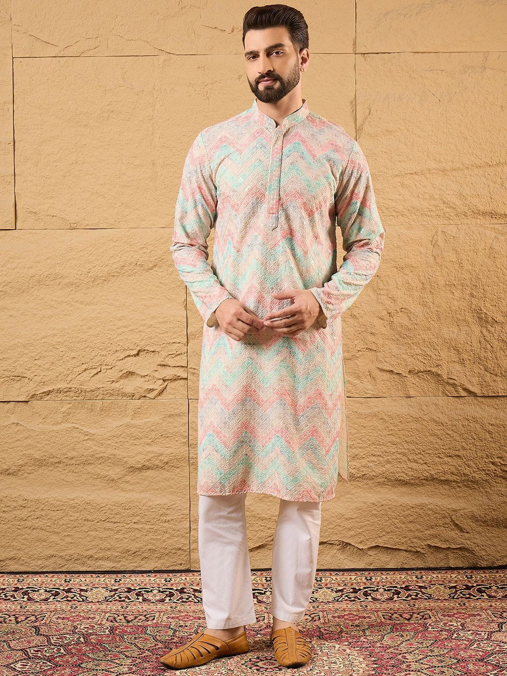 Men Multicolour Viscose Rayon Geometric Embroidered Straight Kurta With Pant Set-MKSET1193