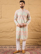 Men Multicolour Viscose Rayon Geometric Embroidered Straight Kurta With Pant Set-MKSET1193