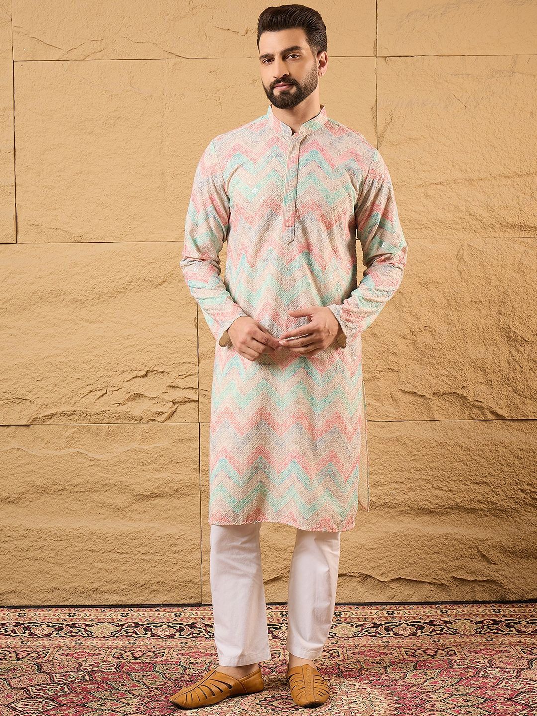 Men Multicolour Viscose Rayon Geometric Embroidered Straight Kurta With Pant Set-MKSET1193