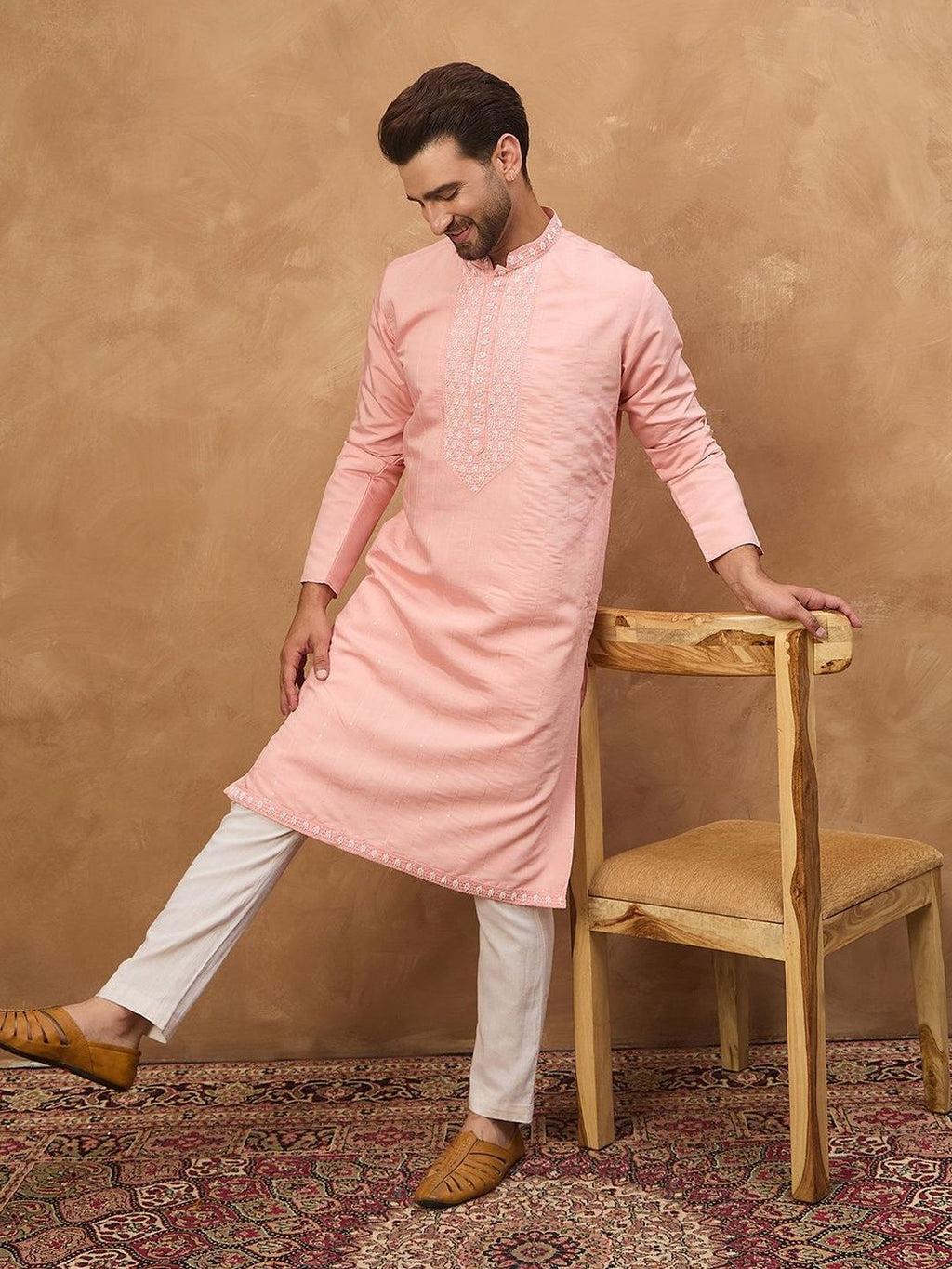 Men Peach Silk Blend Solid Solid Straight Kurta With Pant Set-MKSET1506