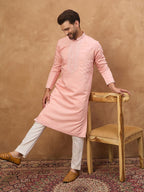 Men Peach Silk Blend Solid Solid Straight Kurta With Pant Set-MKSET1506