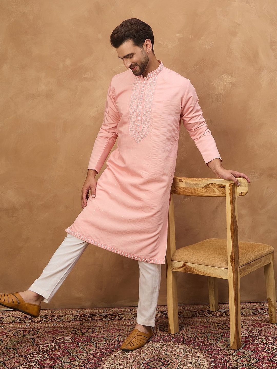 Men Peach Silk Blend Solid Solid Straight Kurta With Pant Set-MKSET1506