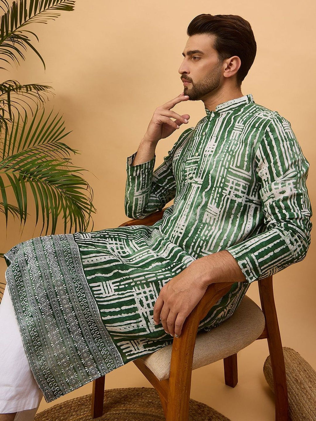 Men Green Viscose Rayon Batik Embroidered Straight Kurta With Pant Set-MKSET1500