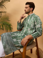 Men Green Viscose Rayon Batik Embroidered Straight Kurta With Pant Set-MKSET1500