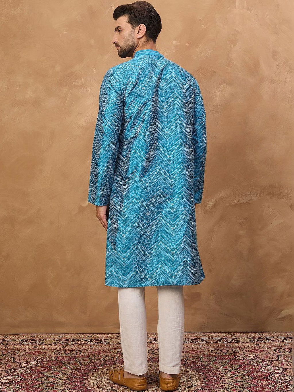 Men Blue Silk Blend Geometric Printed Straight Kurta With Pant Set-MKSET1531