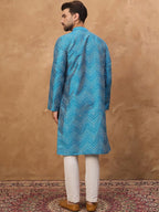 Men Blue Silk Blend Geometric Printed Straight Kurta With Pant Set-MKSET1531