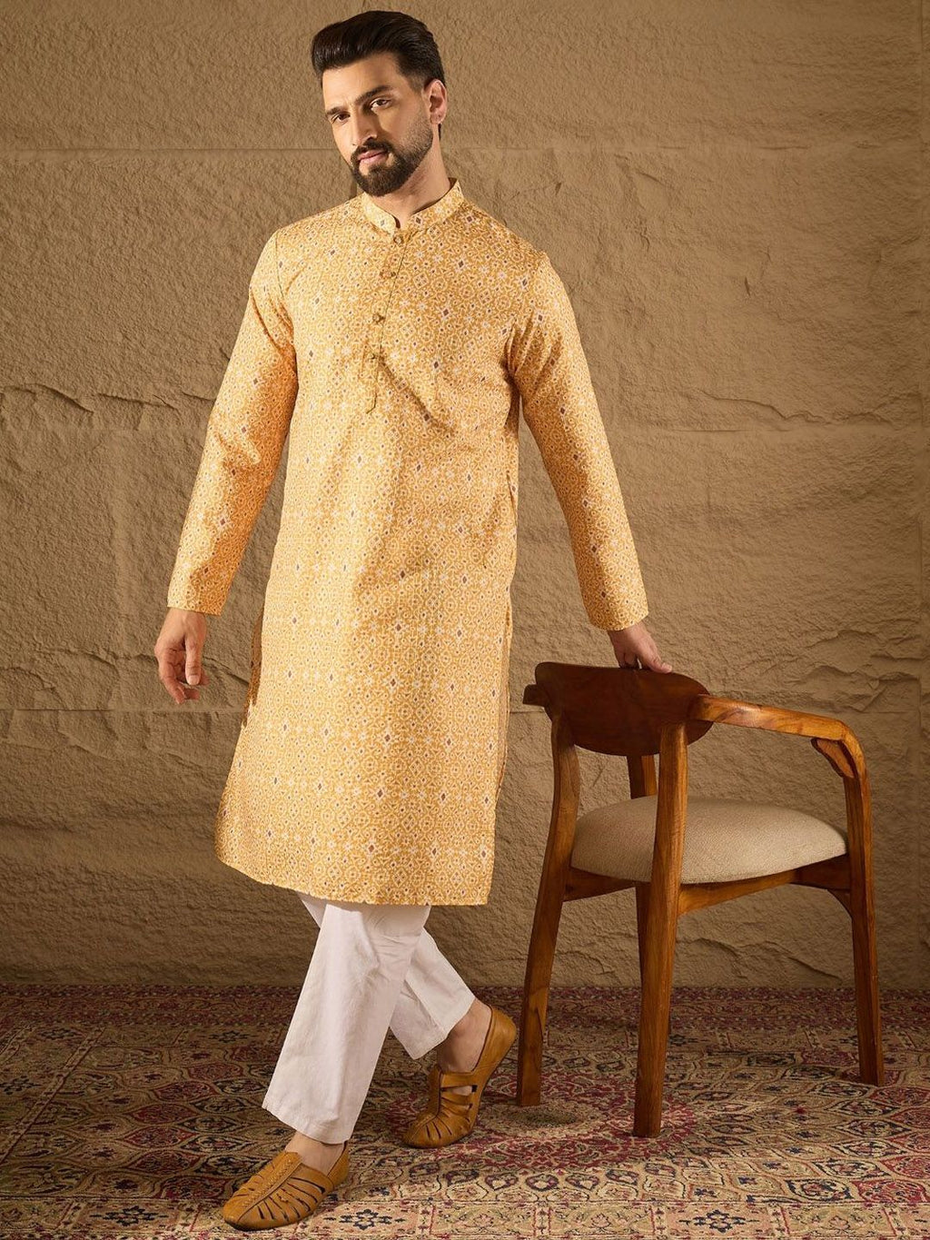 Men Yellow Silk Blend Ethnic Motif Embroidered Straight Kurta With Pant Set-MKSET1304
