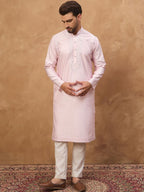 Men Pink Silk Blend Solid Embroidered Straight Kurta With Pant Set-MKSET1512