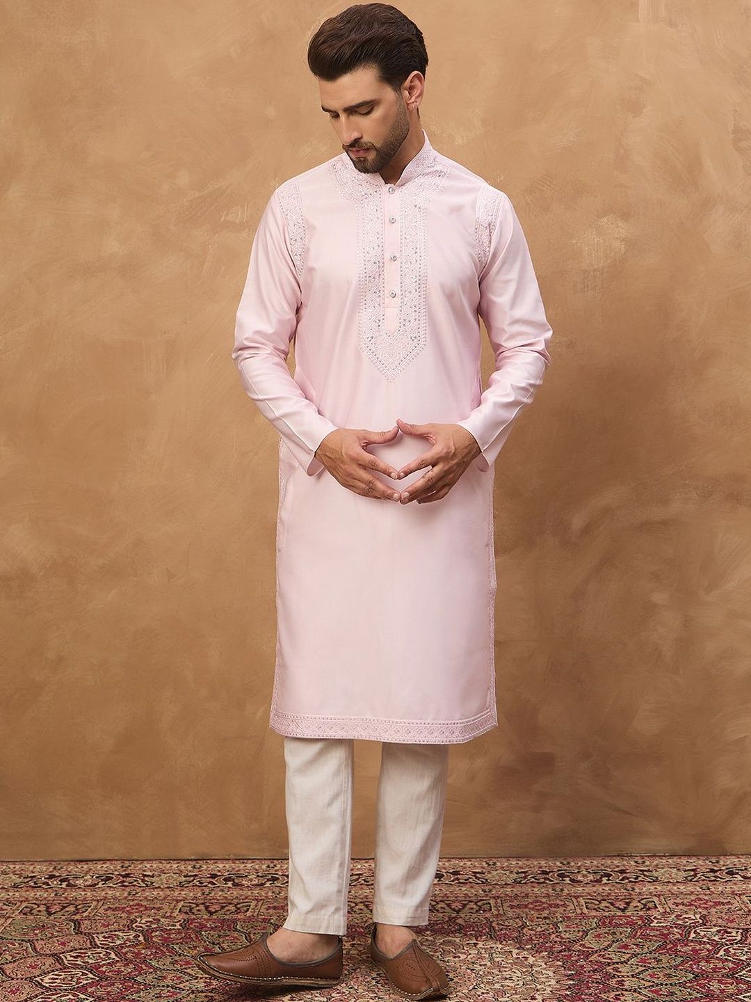 Men Pink Silk Blend Solid Embroidered Straight Kurta With Pant Set-MKSET1512