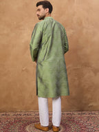 Men Green Silk Blend Geometric Printed Straight Kurta With Pant Set-MKSET1522