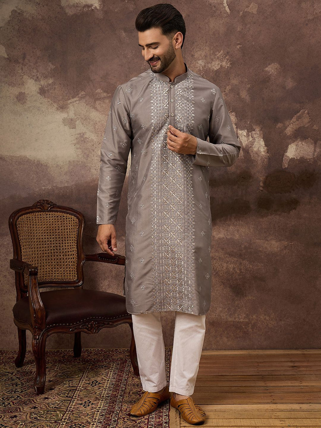 Men Grey Silk Blend Solid Embroidered Straight Kurta With Pant Set-MKSET1420