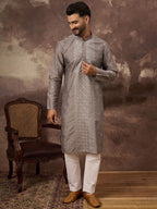Men Grey Silk Blend Solid Embroidered Straight Kurta With Pant Set-MKSET1420