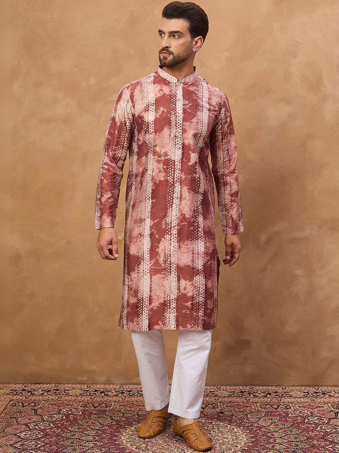 Men Brown Silk Blend Shibori Embroidered Straight Kurta With Pant Set-MKSET1539